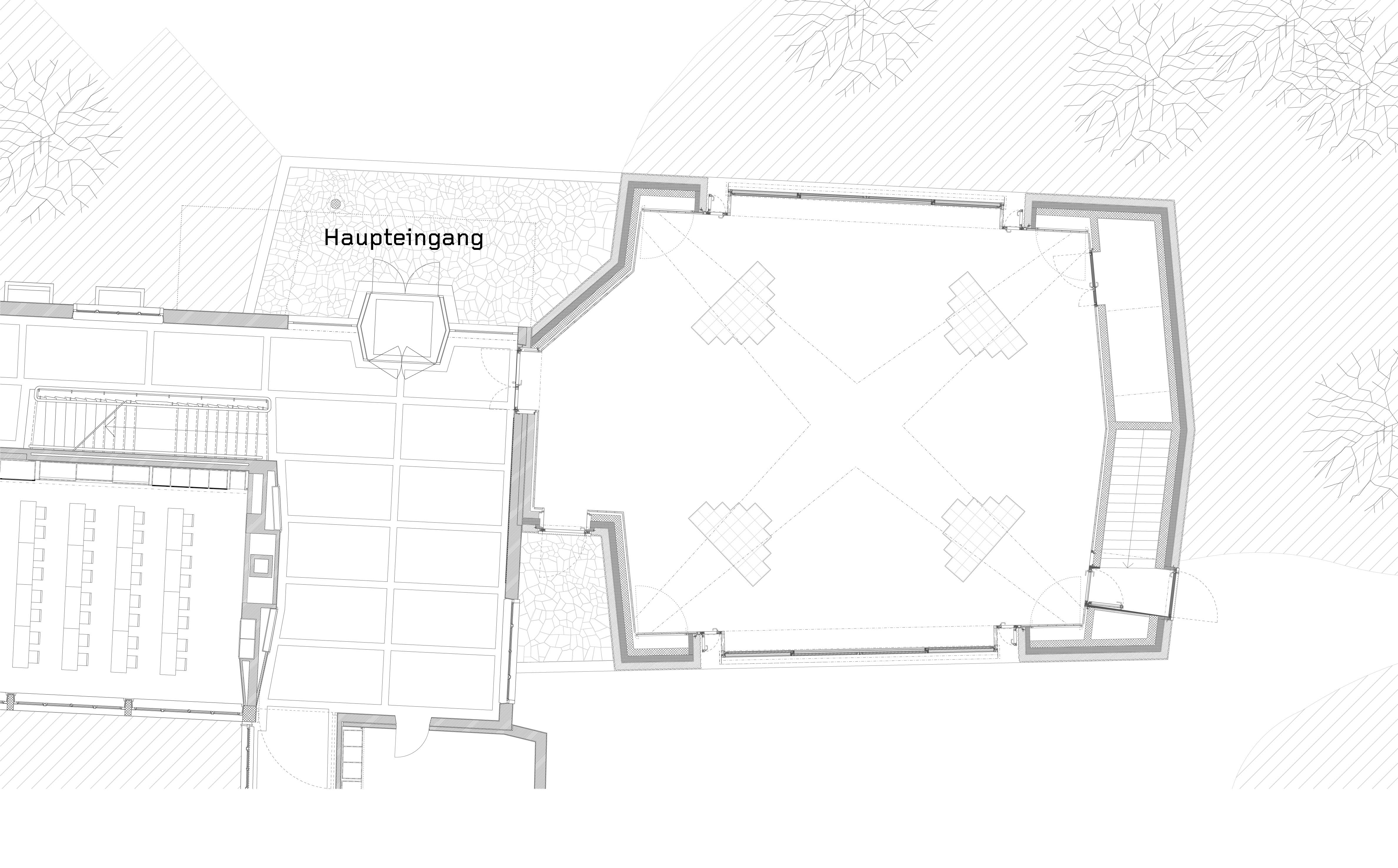 Grundriss Aula mit Anbindung an die bestehende Eingangshalle