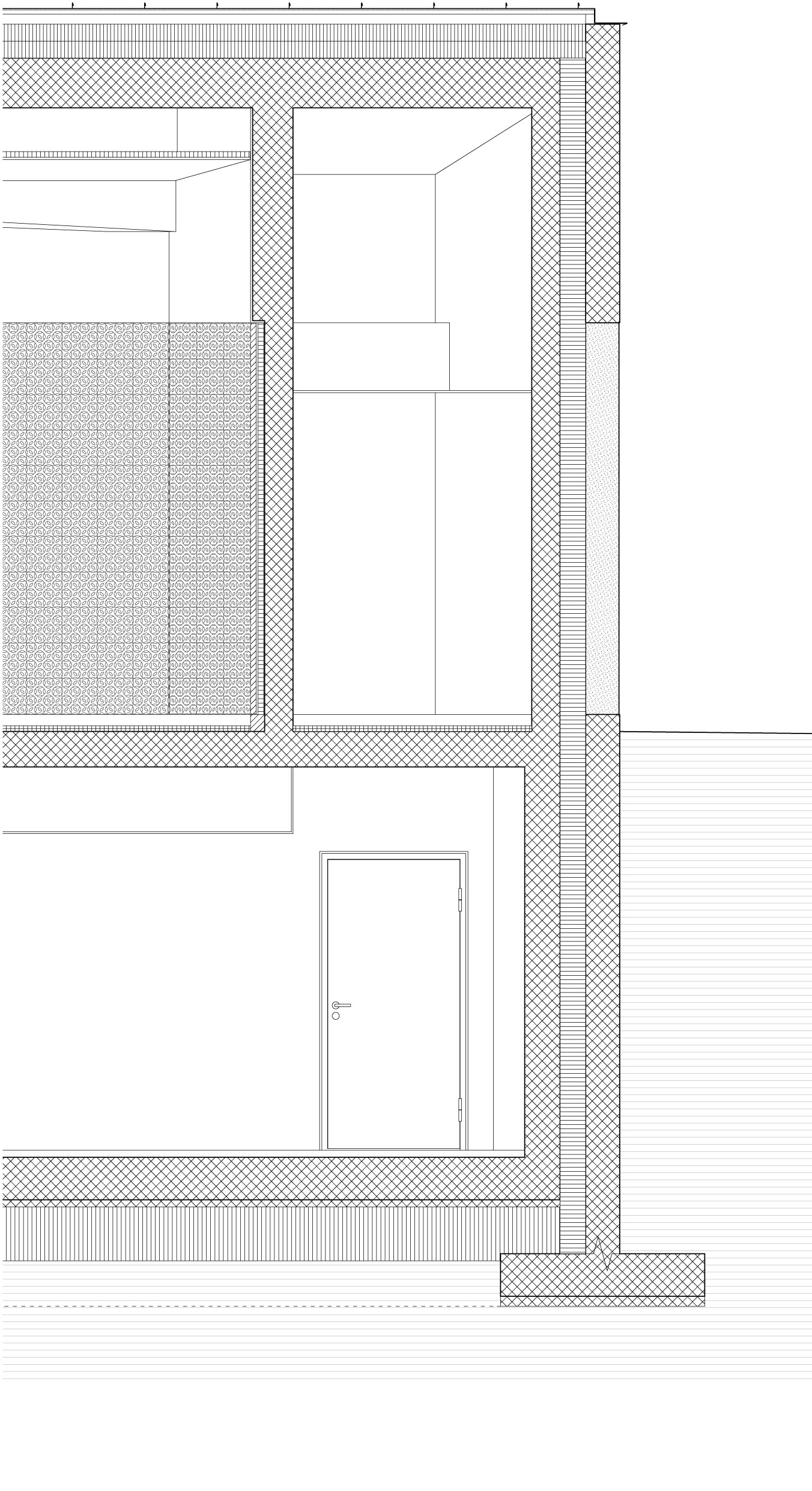 Fassadenschnitt Aula, Wandaufbau Innenwand: 40 mm keramische Wandverkleidung, 12.5 mm Gipskarton, 40 mm Mineralwolle, 200 mm Stahlbetonwand; Wandaufbau Aussenwand: 200?mm Stahlbetonwand, 180 mm XPS-Dämmung, 220 mm Trasskalkelement