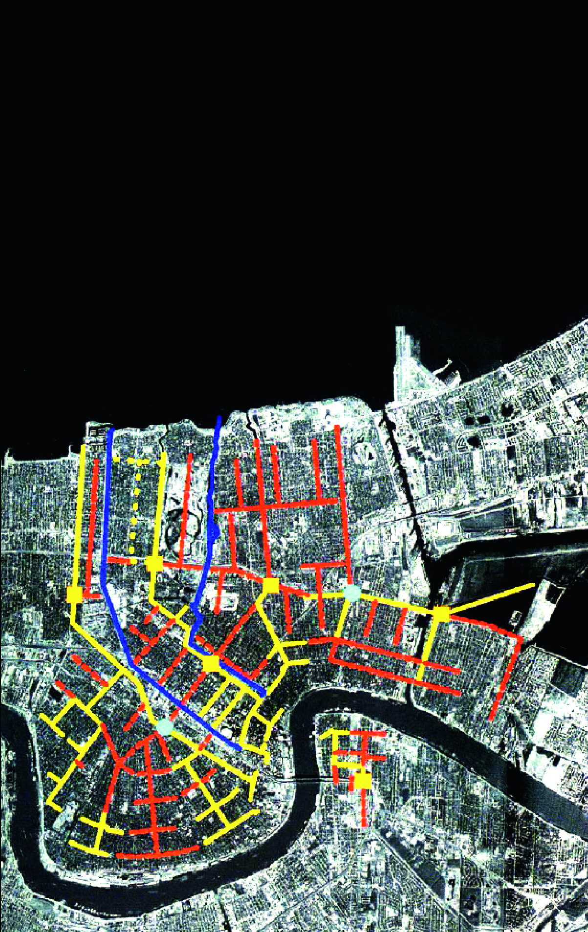 Das Entwässerungssystem von New Orleans 1903, über den heutigen Stadtplan gelegt; das östlichste entwässerte Geviert ist das von Katrina besonders betroffene Lower Ninth Ward, es liegt östlich des Industrial Canal, der Mississ­ippi und Lake Pontchartrain verbindet