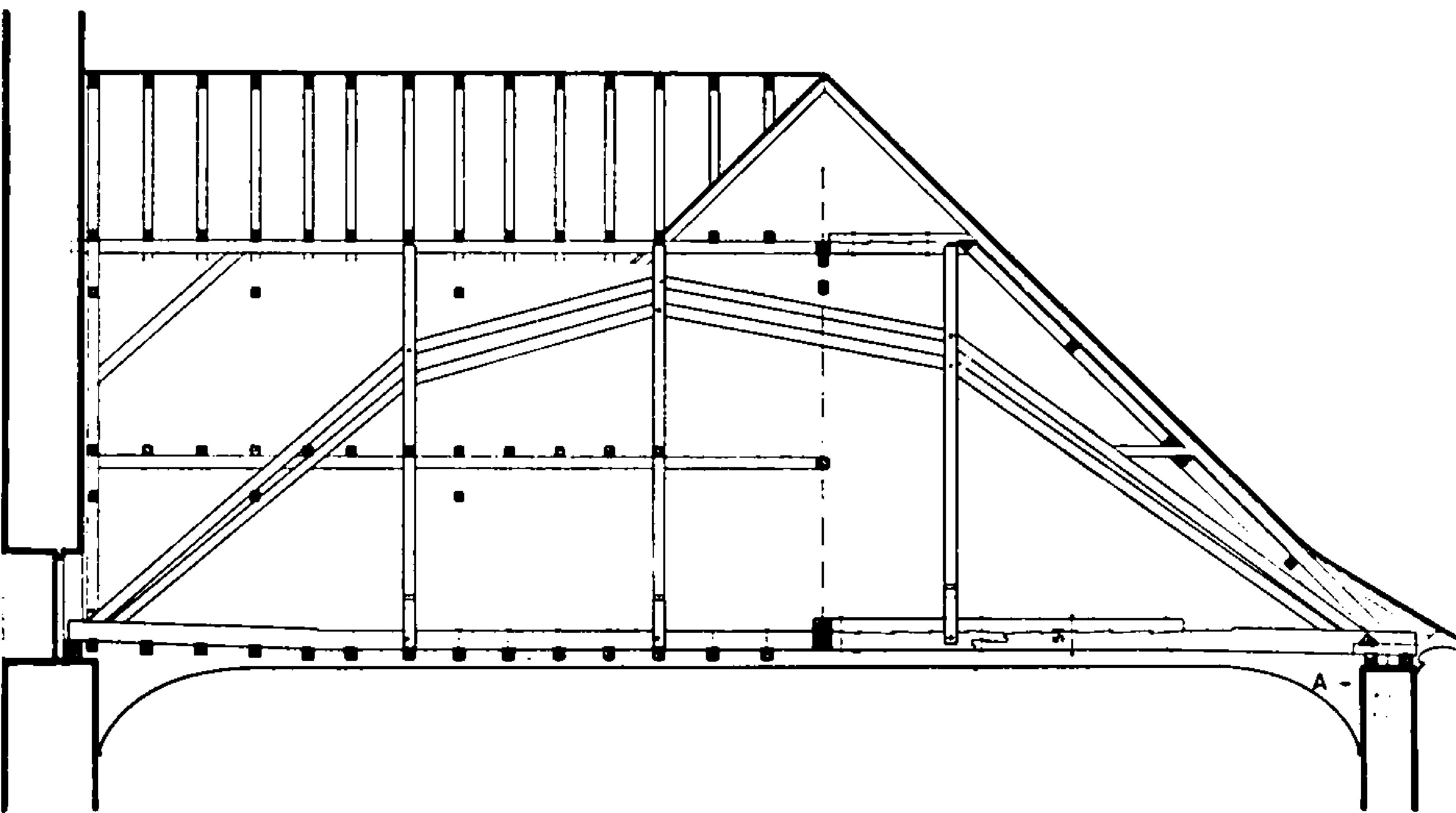 Kirche Wädenswil, Längs- und Querschnitt Dachstuhl (aus: Killer, S. 143)