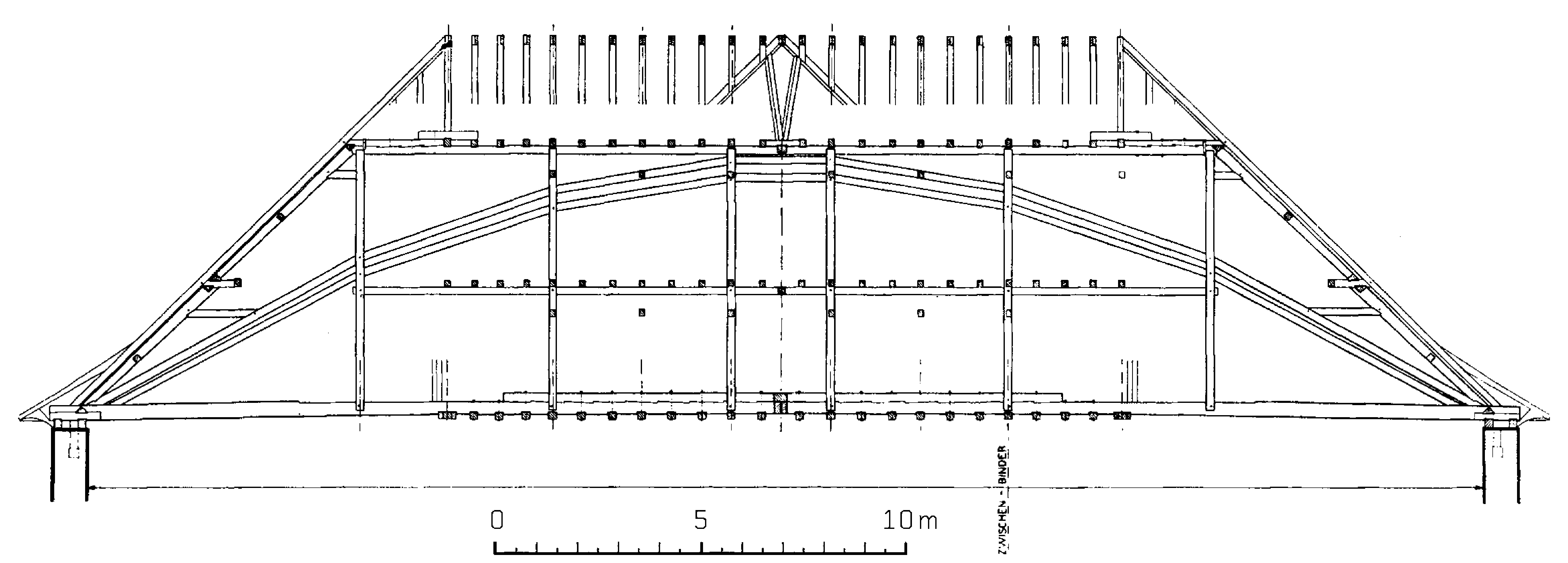 Kirche Wädenswil, Längs- und Querschnitt Dachstuhl (aus: Killer, S. 143)