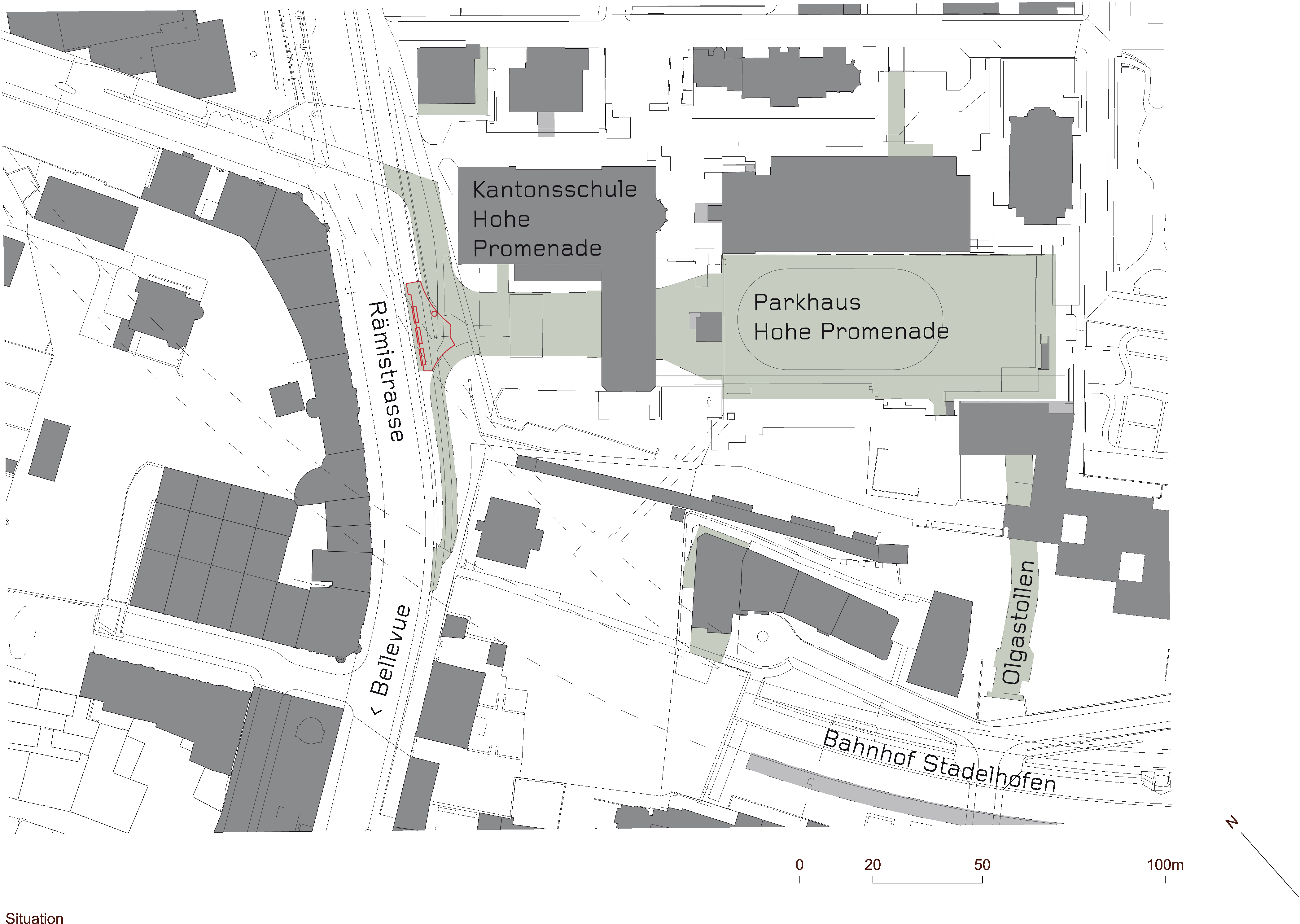 Situationsplan: Am linken Bildrand die Rämistrasse mit dem Zugang zum Parkhaus (teilweise unter der Kantonsschule Hohe Promenade); in der rechten unteren Planecke liegt der neue, für Fussgänger eröffnete Zugang auf der Seite des Bahnhofs Stadelhofen (Olgastollen)