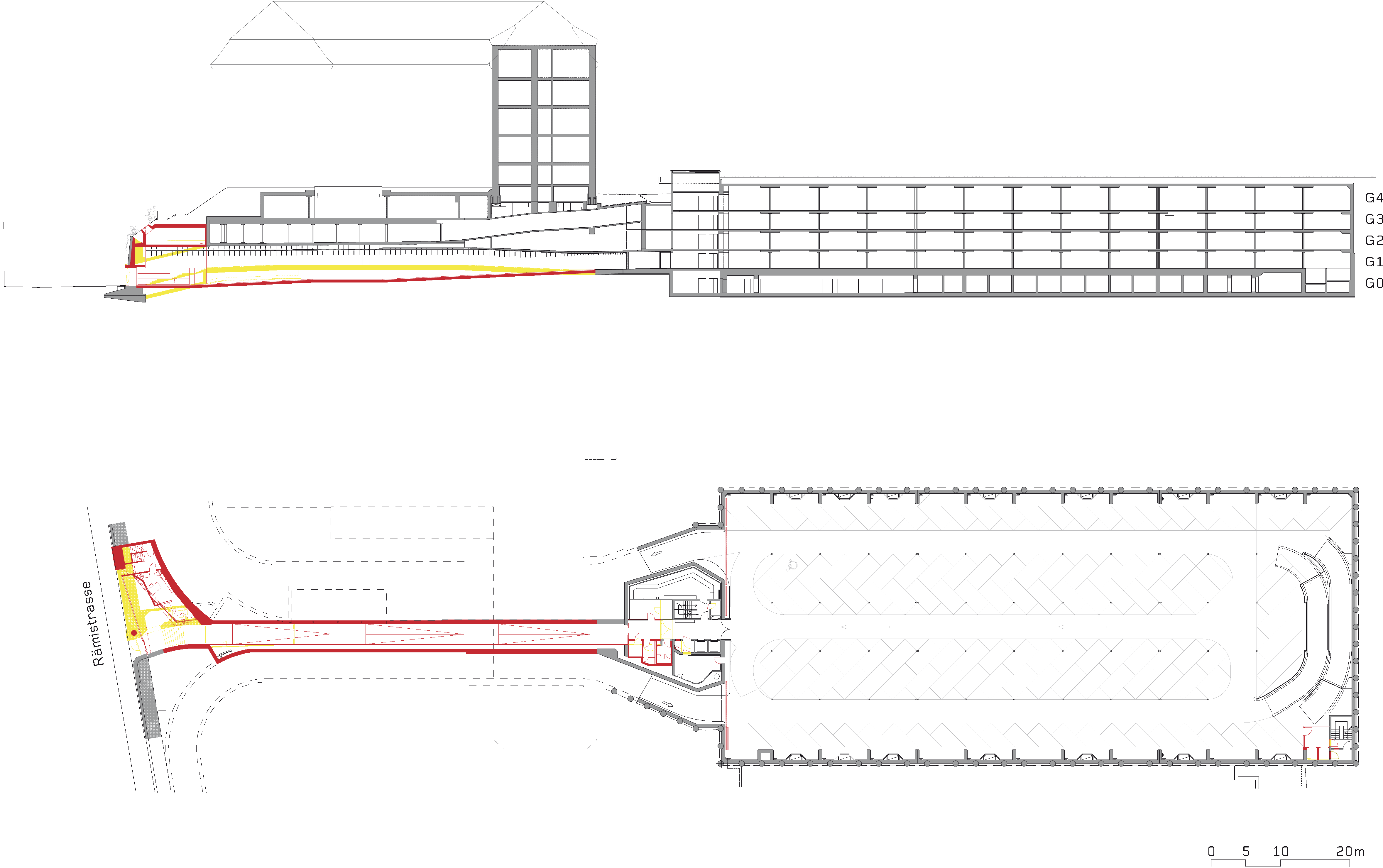 Schnitt durch das Parkhaus mit links dem Haupteingang an der Rämistrasse. Die Unterfangungswände bilden zusammen mit der neuen Bodenplatte eine weisse Wanne. Unten: Grundriss des Parkhauses