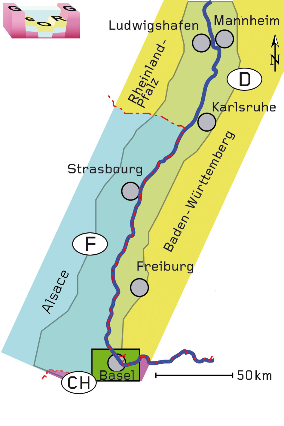 Schematische Übersicht des Projektgebiets «GeORG»-Interreg-IV/A (schattiert). Das Teilmodell Schweiz ist dunkelgrün hervorgehoben