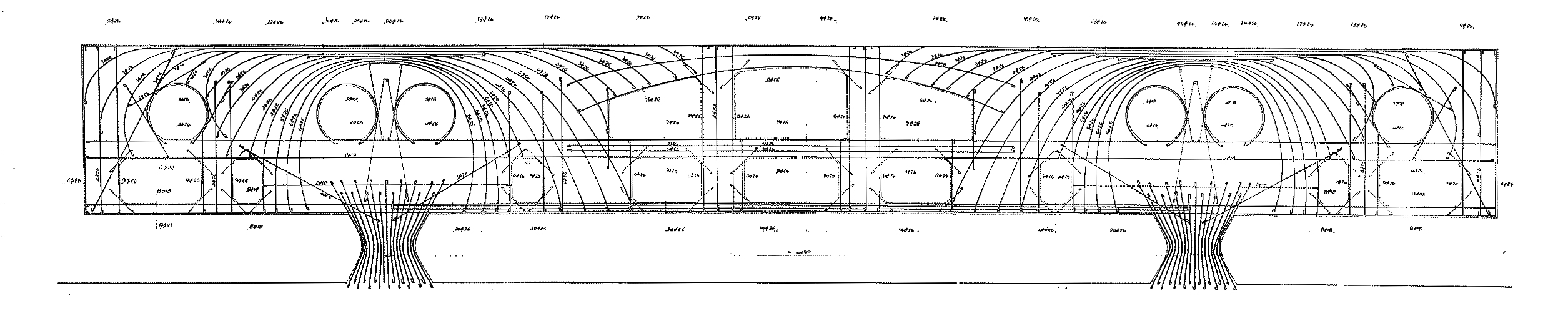 Bewehrungsplan (Längsschnitt) der Giunta: zweigeschossiger Doppel-T-Träger
