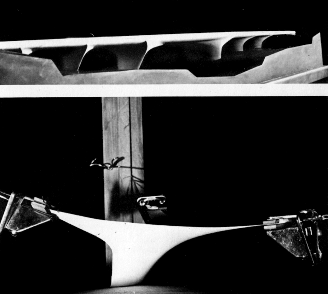 Brücke über den Fluss Astico: Die Modellansichten zeigen, dass die an Maillart erinnernde Silhouette ohne Kreisbogen durch eine hyperstatische Struktur (statisch unbestimmtes System ersten Grades) erzielt wird