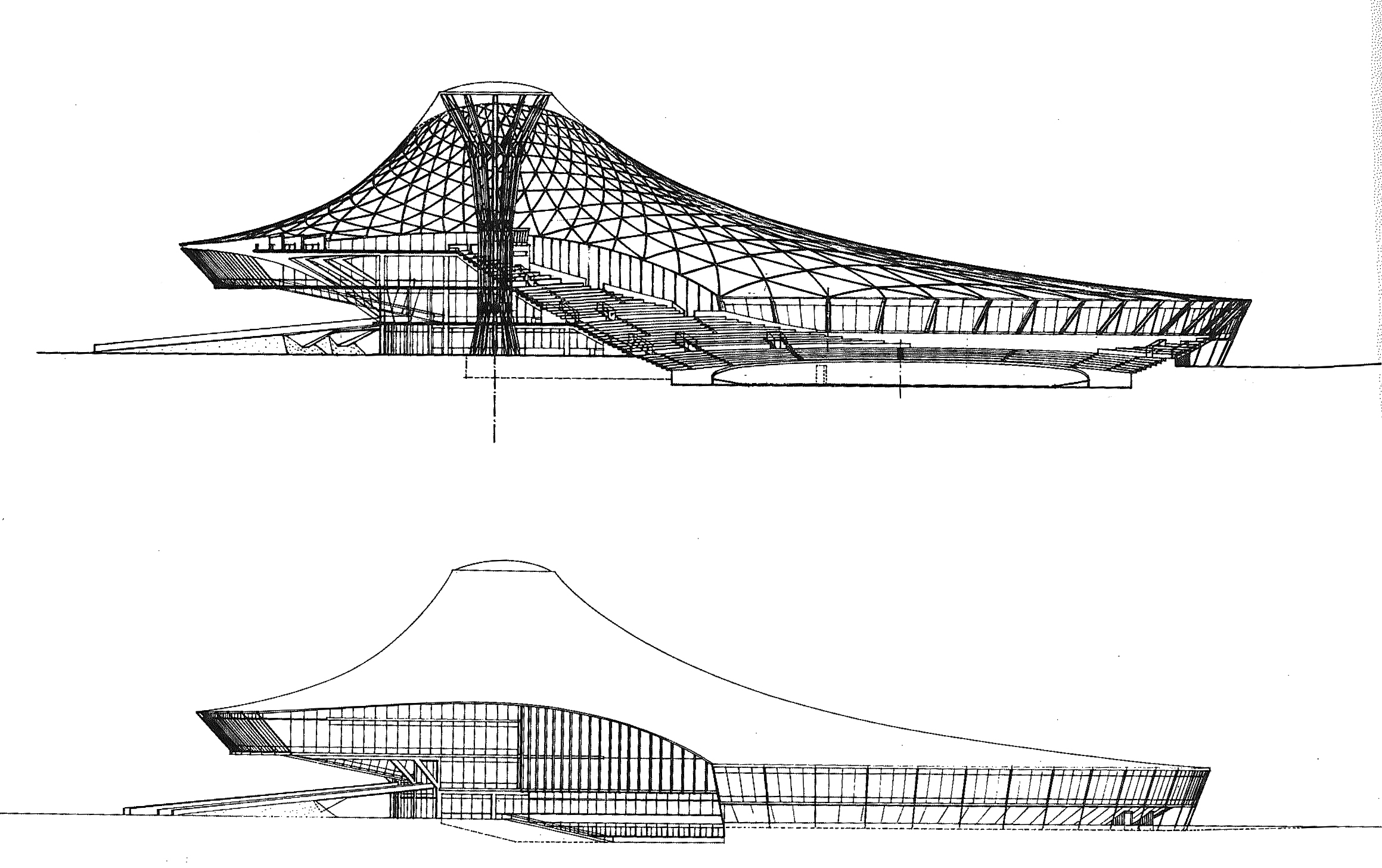 Palazzo dello Sport, Florenz, Wettbewerbsprojekt, 1965: 1966 gewinnt das Projekt von Musmeci den zweiten Preis ex aequo. Zwei grosse hyperboloidförmige Pfeiler tragen die Dachkonstruktion