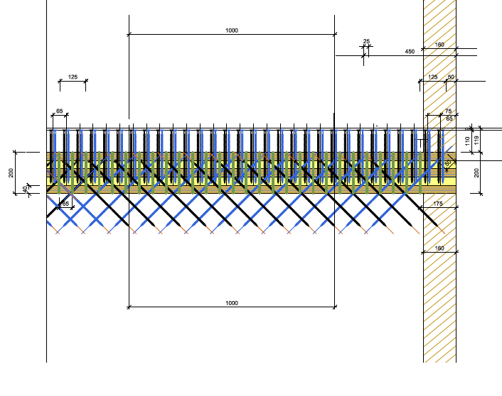 Schema einer Wand-Decke-Verbindung mit vertikalen Stabdübeln und kreuzweise angeordneten Vollgewindeschrauben. (Schema: Borlini &amp; Zanini SA)