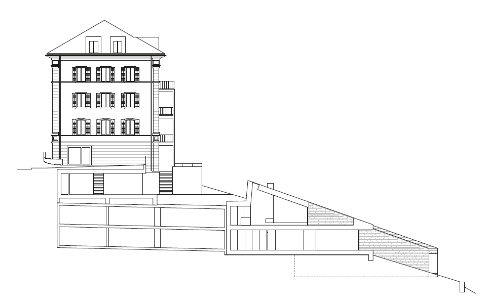 Schnitt mit Blick auf die instandgesetzte spätklassizistische Villa an der Adligenswilerstrasse.