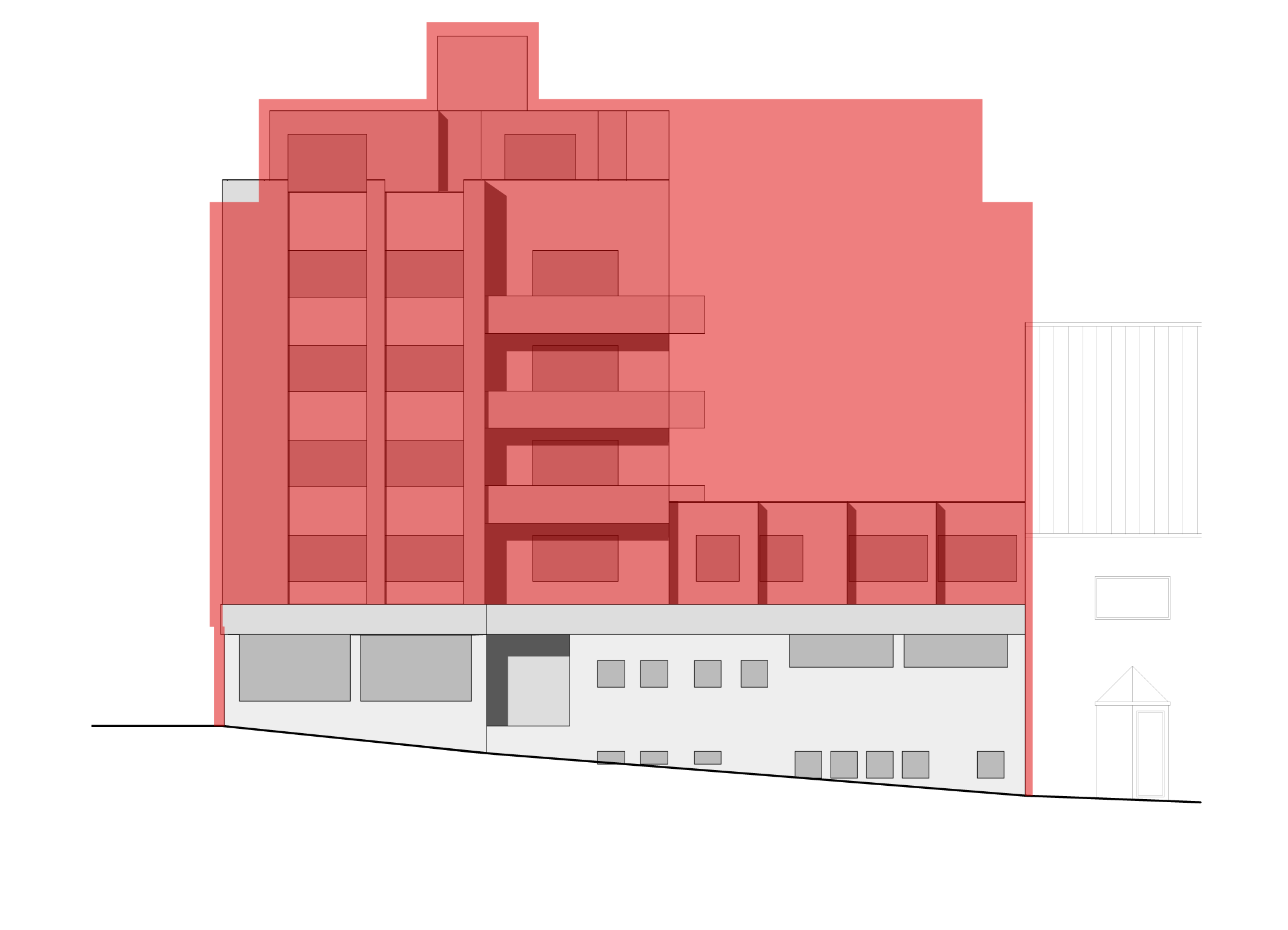 Die Ansicht der Südfassade zeigt, um welches Volumen der Altbau gewachsen ist. Die rote Fläche markiert den Anbau. (Plan: Viridén + Partner AG, Zürich)