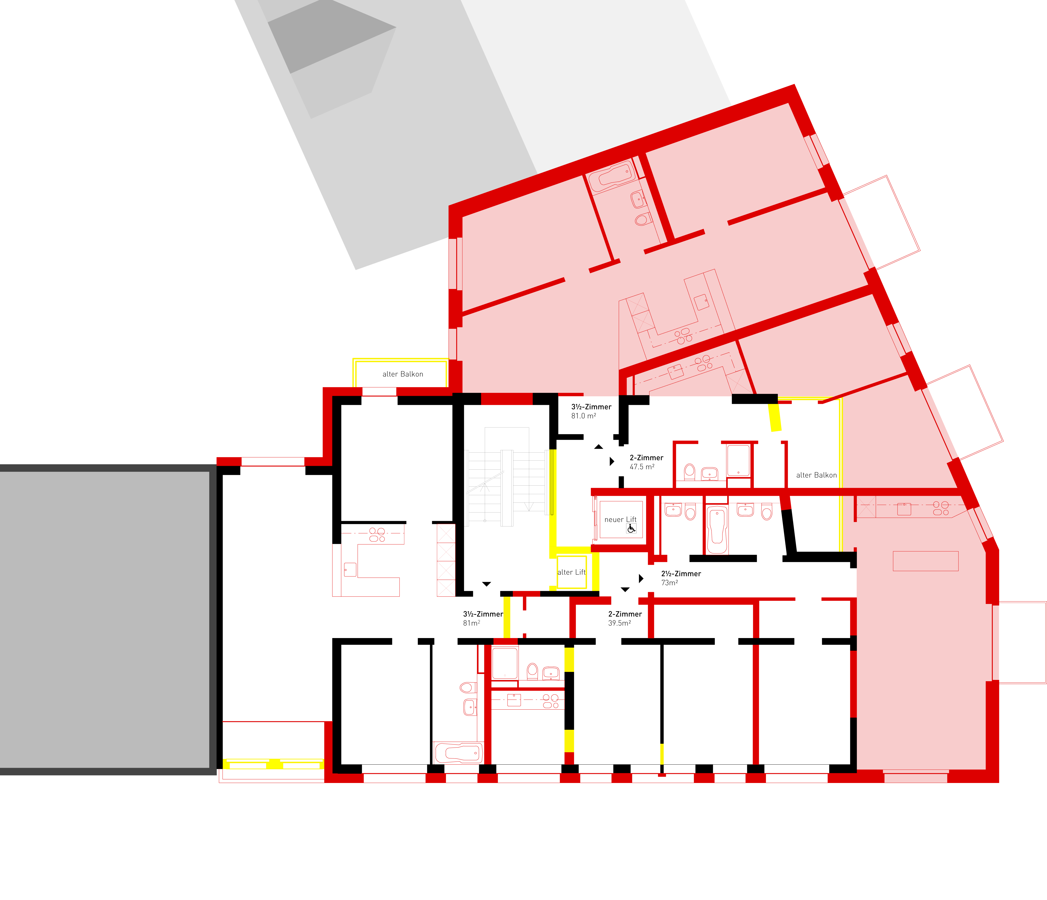 Die Grundrisse passten sich ursprünglich in ein Rechteck ein. Die Erweiterung erfolgt in einem Knick und ergänzt das Haus in der Flucht der Geschäftsräume im Erdgeschoss. (Plan: Viridén + Partner AG, Zürich)