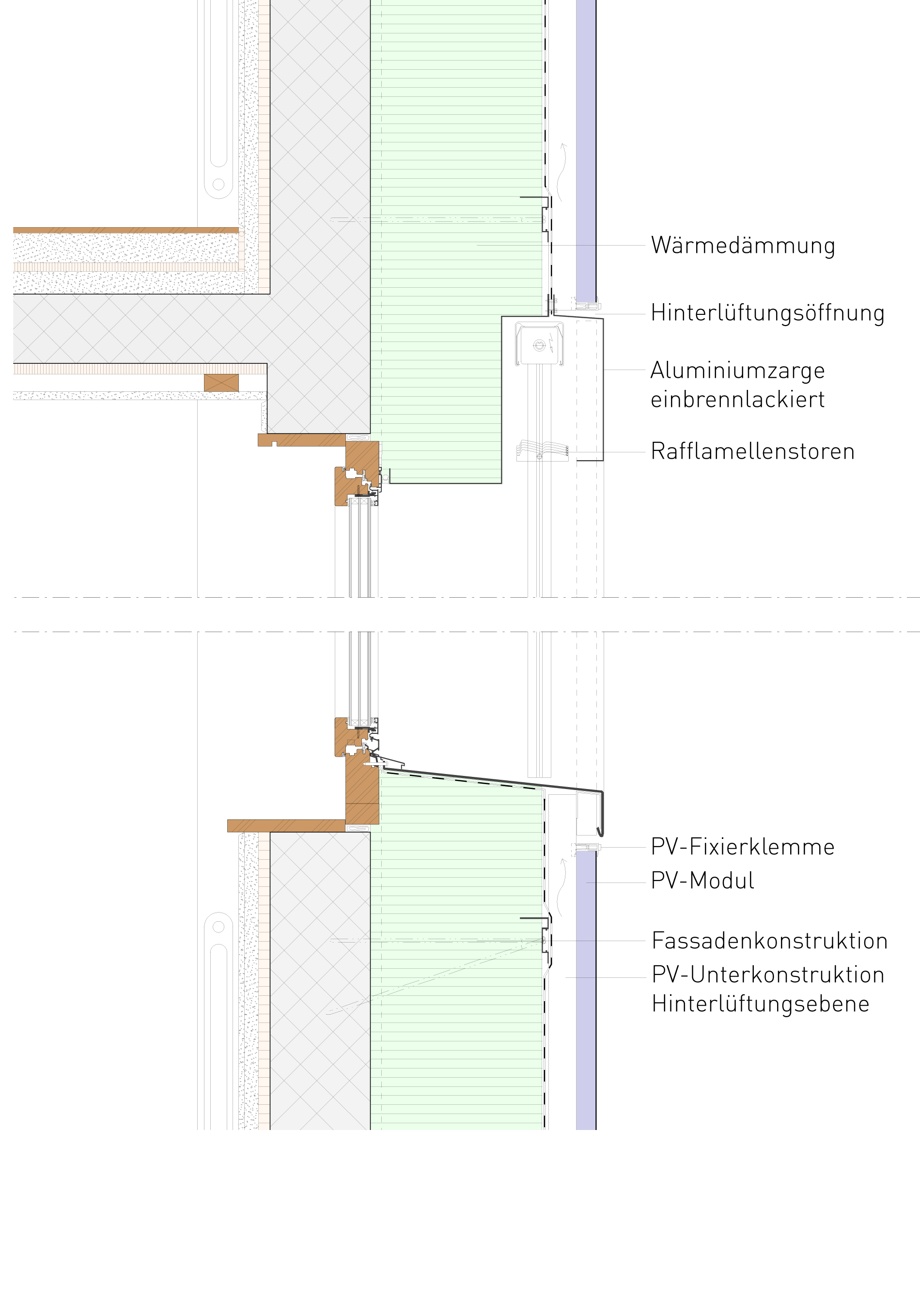Im Fassadenschnitt offenbart sich, wie unkompliziert der Einbau der Solarzellen erfolgt: Anstelle einer konventionellen Fassadenplatte werden die PV-Module als vorgehängte Fassade eingesetzt. (Plan: Viridén + Partner AG, Zürich)