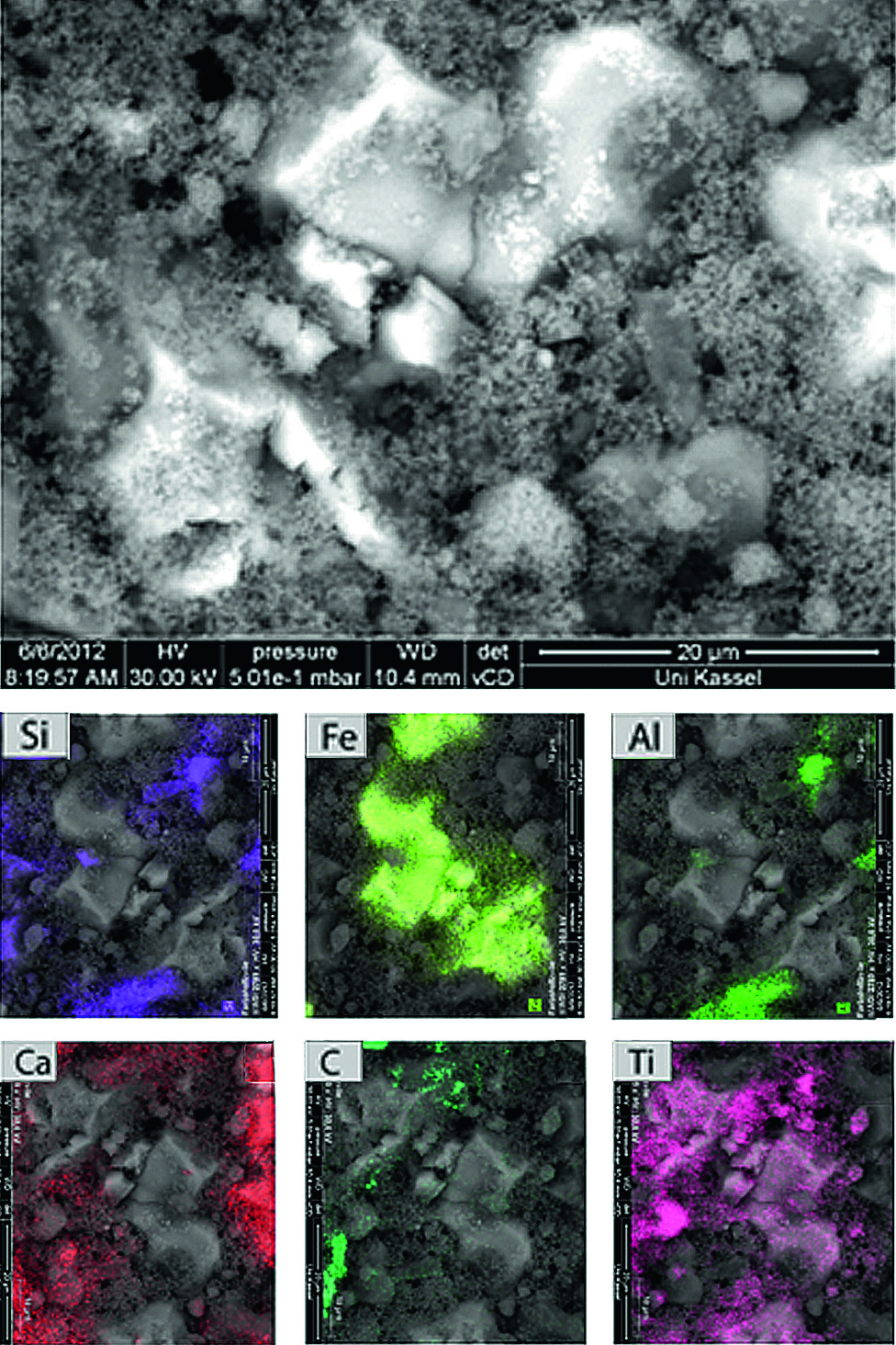 DYSCrete?/?farbstoffsensitivierter energieerzeugender Beton (2012). Rasterelektronenmikroskopische Aufnahme (Rückstreuelektronenbild) der Oberfläche der Farbstoffsolarzelle nach Entfernen des Frontkontakts. Die Teilbilder unten zeigen mit unterschiedliche