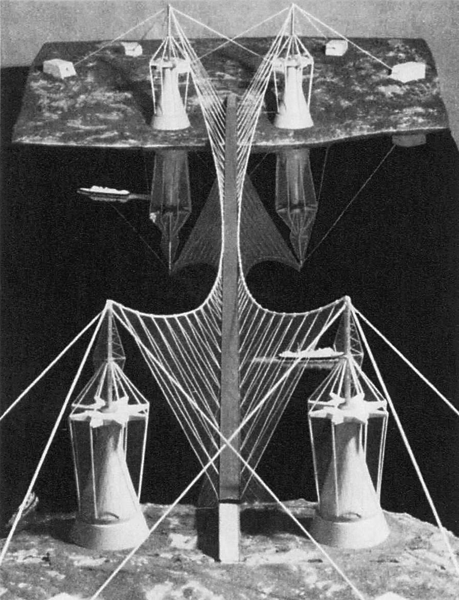Modell von Nervis Entwurf von 1969 für eine Brücke über die Meerenge von Messina. (Foto: aus P. Desideri, P.?L. Nervi jr., a cura di D. Positano, «Pier Luigi Nervi», Zanichelli, Bologna, 1979)