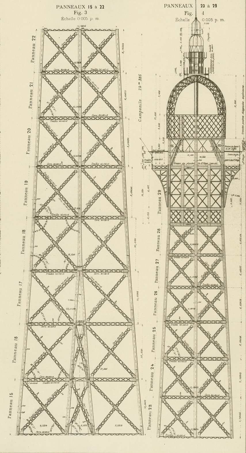 Konstruktionsplan der Firma Eiffel von der Turmspitze.