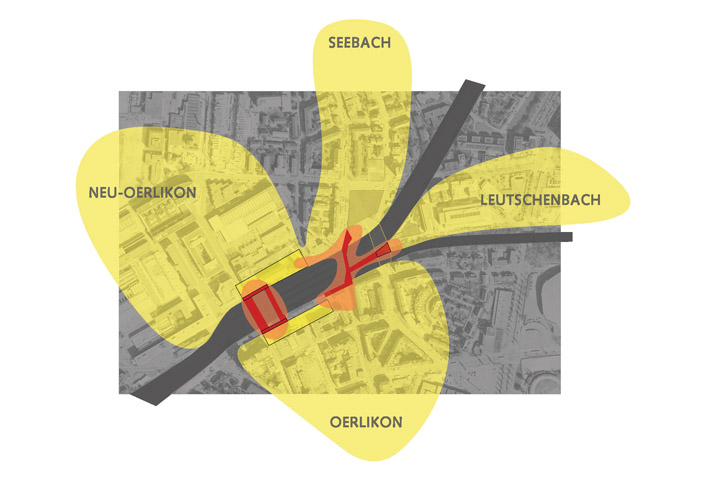 Mit dem städtebaulichen Leitbild Bahnhof Zürich Oerlikon Ost ergab sich im Mai 2009 das Bild des Schmetterlings. (Grafik: atelier 10:8, Städtebauliches Leitbild Bahnhof Oerlikon Ost Mai 2009 der Stadt Zürich)