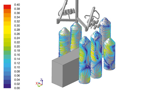 Für die Simulationsvalidierung sind die «Ärzte» gleich wie im Modell aufgestellt und abstrahiert. An den Strömungslinien lässt sich nicht nur erkennen, wie sich Partikel durch den Raum bewegen, sondern auch in welcher Geschwindigkeit. Die Auswirkungen ver