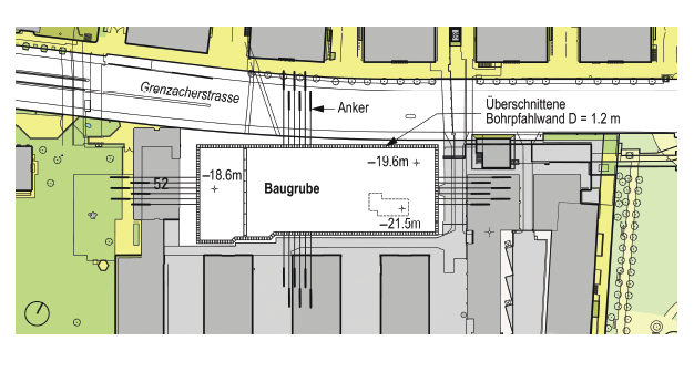 Situation Baugrube mit Nachbargebäuden aus den 1950er- und 1960er-Jahren. (Plan: Gruner)