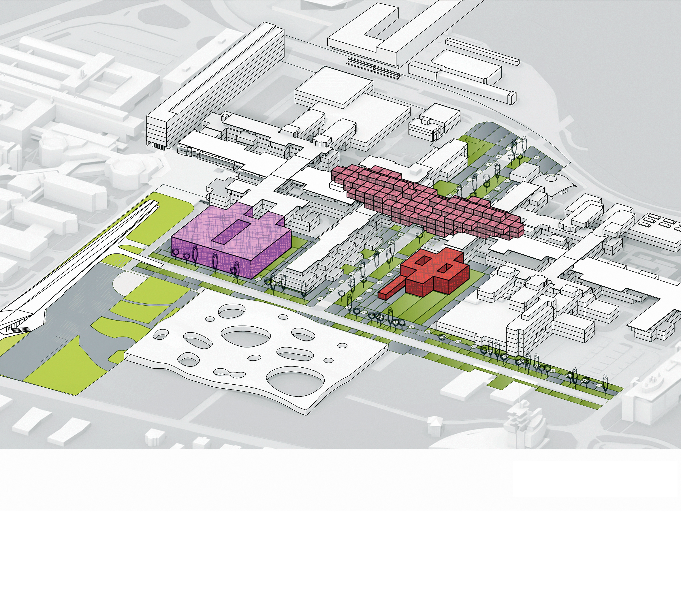 Die drei Projekte von Dominique Perrault ergänzen und erweitern den Bestand unaufdringlich und zurückhaltend. Die ehemalige Bibliothek (ziegelrot) wurde zum neuen administrativen Zentrum umgebaut. Das mechanische Labor (violett) bietet nach der Aufstockung um einen Innenhof herum Platz für mehrere Fakultäten. Die «Learning Bridge» (lachsrot) schlägt den Bogen über die Avenue Piccard und verbindet die beiden Gebäudecluster der ersten Etappe. Zudem bietet sie eine neue Verbindung zwischen dem Boden­