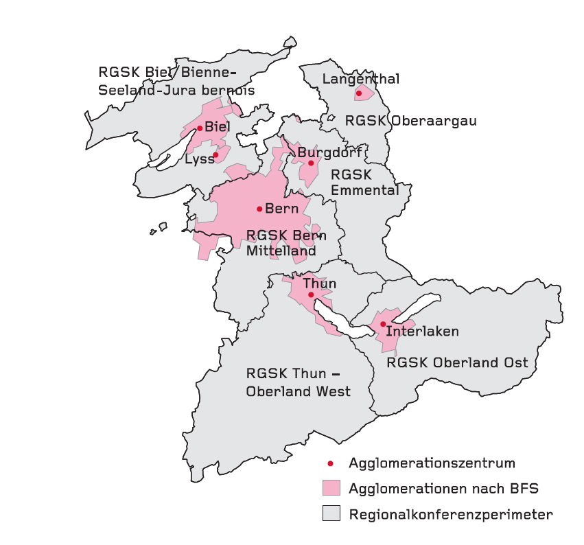 Die sechs Regionen und Agglomerationen im Kanton Bern.
