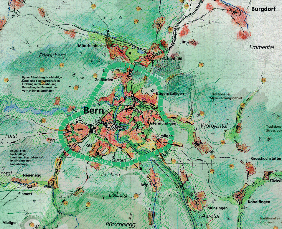 Leitplan der Regionalkonferenz Bern-Mittelland mit dem «Grünen Band». Das Dokument hat den Charakter eines Zukunftsbilds. Als zentrales Element des Regionalen Gesamtverkehrs- und Siedlungskonzepts veranschaulicht es die angestrebte räumliche Entwicklung. Basis des Leitplans waren eine Landschaftsanalyse, die Beurteilung der Siedlungsstruktur und die Gewichtung der übergeordneten funktionalen Bezüge.