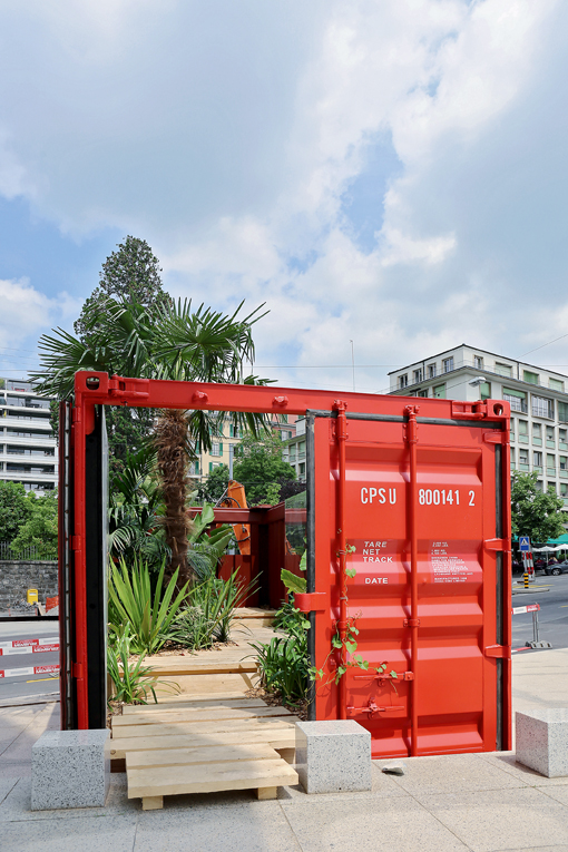 Ein Container voll Subtropen, gelandet an der Avenue de la Gare in Lausanne: Botanic box. (Foto: Ruedi Weidmann)