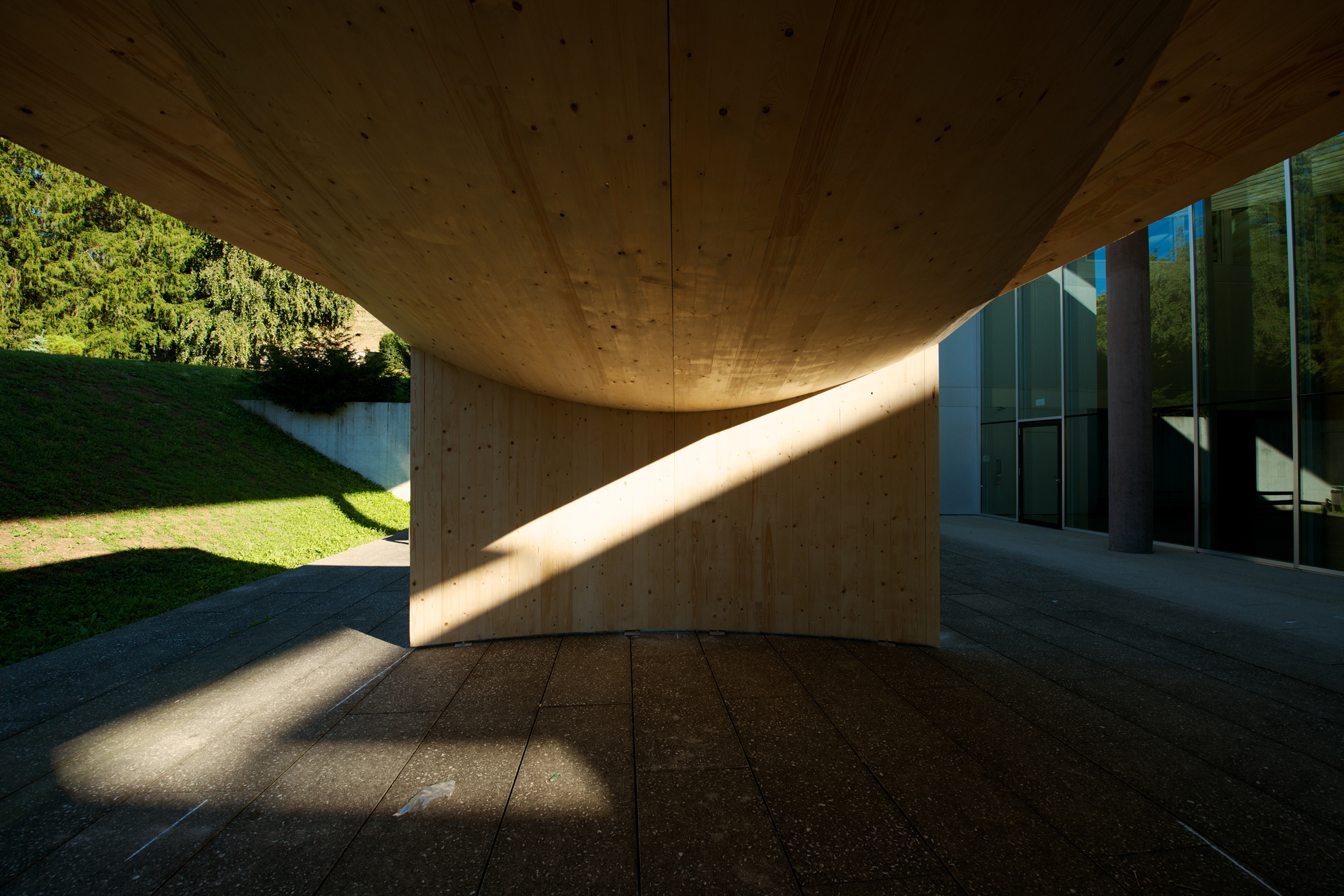 Der gekrümmte Pavillon aus Holz in Mendrisio trägt ohne Metallverbindungen. (Foto: Fred Hatt, Ibois)