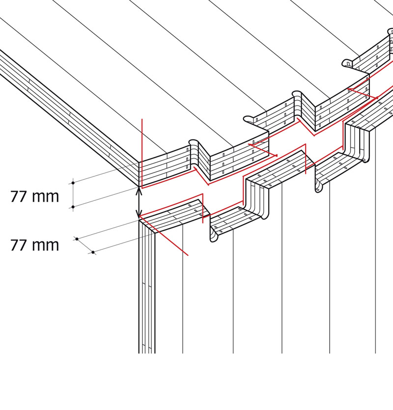 Schwalbenschwanzverbindung zwischen Wand- und Dachelement. Der Zuschnitt der Verbindungsschlitze wurde mit Algorithmen berechnet und mit einem Industrieroboter ausgeführt. (Skizze: Ibois)
