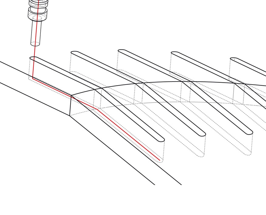 Verbindung zwischen den ­konkaven und konvexen Dachelementen. 30 Verbindungs­stücke wurden in 30mm breite ausgefräste Schlitze eingeschoben und verleimt. (Skizze: Ibois)