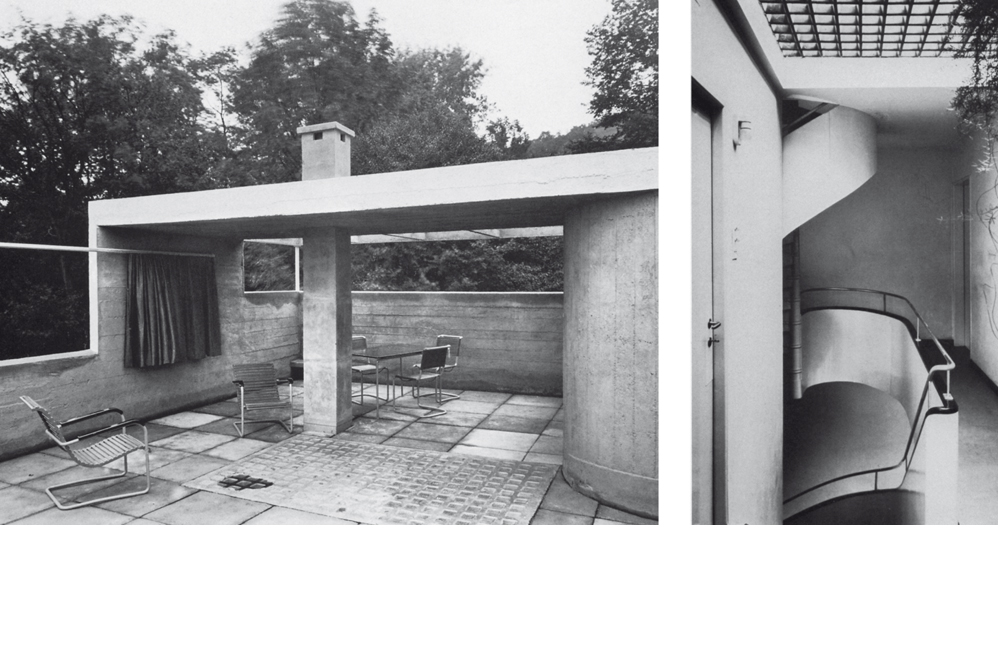 Dachterrasse und Treppenhaus bilden zwei entscheidende Elemente der Siedlung im Allgemeinen und dank ihrer sorgfältigen Ausformulierung des Wohnhauses Siegrist im Besonderen. Vor Einsicht geschützt ermöglicht die Terrasse ein Sonnenbad, die geschwunge