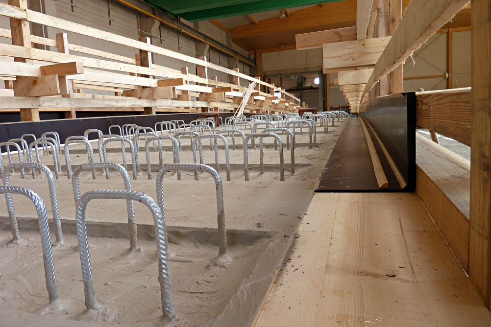 Vorfertigung des blockverleimten Brettschichtholzträgers mit Schubverbund (Bügel), oberflächiger Zementschlämme und Schalung für die aus­kragenden Stahlbetonplatten. (Foto: graf ingenieure)