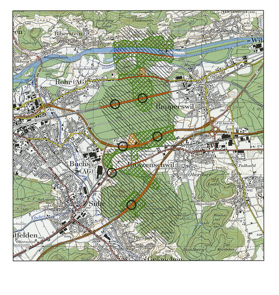 Der Wildtierkorridor Suret ist die einzige bewaldete, rund 300m breite Lücke im Siedlungsgürtel zwischen Olten und der Linthebene. Heute wird er noch von mehreren Barrieren zerschnitten. (Karte: Kanton Aargau)