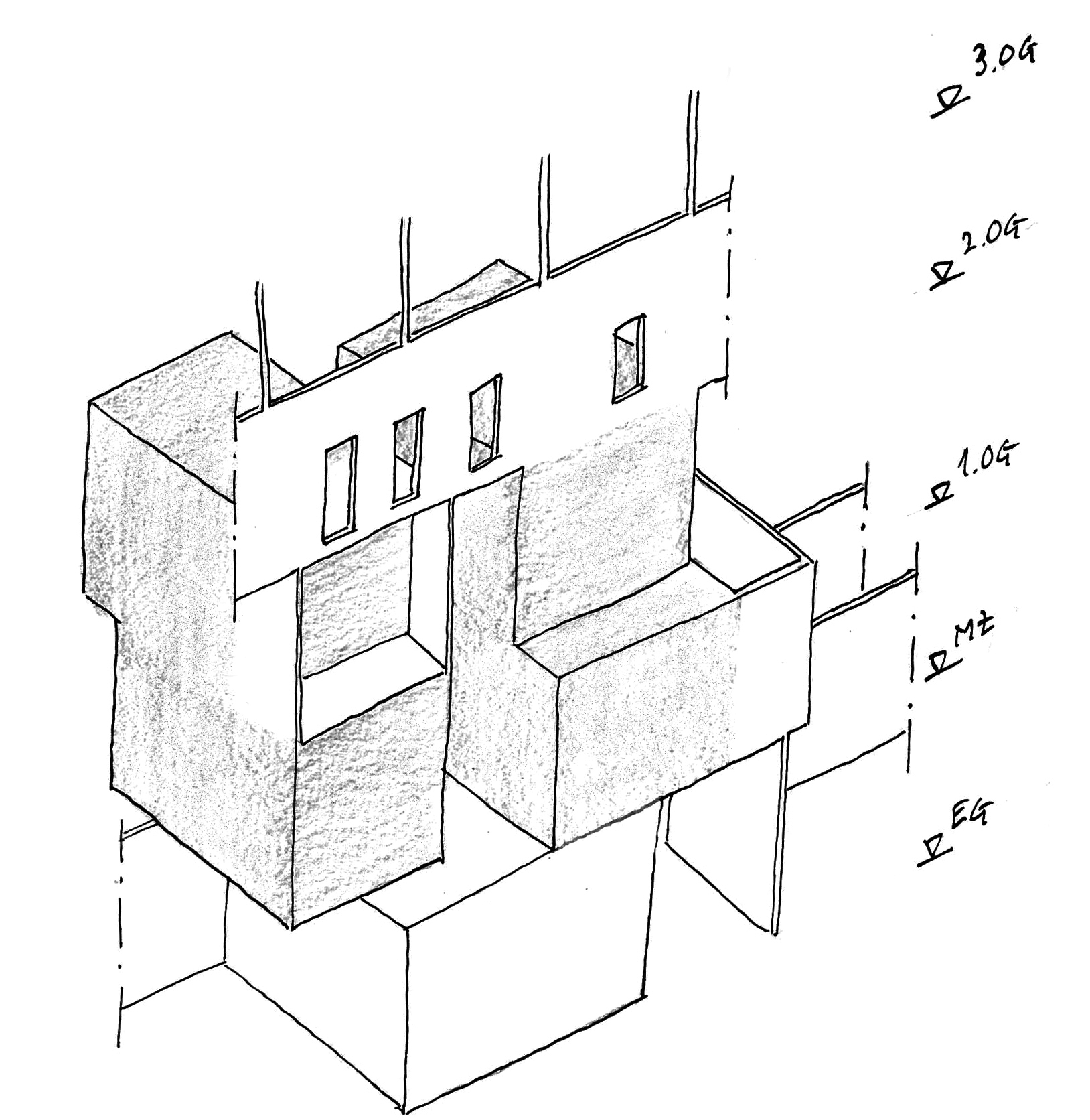 Der Skelettbau (3. OG) wird von den wandartigen Trägern der vier Kinosäle (grau) getragen. Die Geschossdecken sind hier nicht dargestellt, dennoch tragen sie zur horizontalen Stabilität bei. (Skizze: Thomas Ekwall)