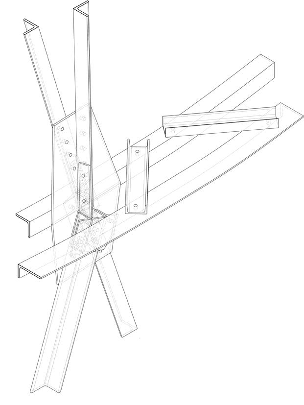 Axonometrie eines Konstruktions­details im Übergang vom dritten zum vierten Segment des Turms. In jedem Segment sind die Details unterschiedlich ausgebildet. (Skizze: Institut für Bauforschung und Denkmalpflege, ETHZ)Axonometrie eines Konstruktions­detail