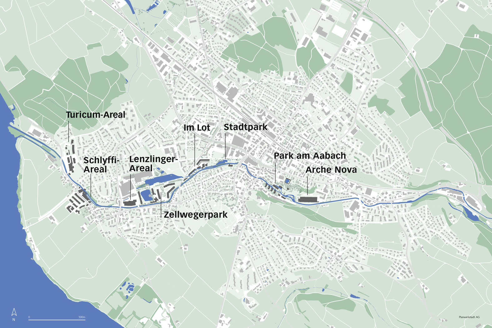Zahlreiche neue Siedlungen und Grünräume befinden sich am Lauf des Aabachs. Im Zentrum der Stadt Uster liegen der Zellwegerpark und der Stadtpark. (Plan: Planwerkstadt AG, Raumplanung Prozesse Stadtebau, mit Seipel Landschaftsarchitekten GmbH)