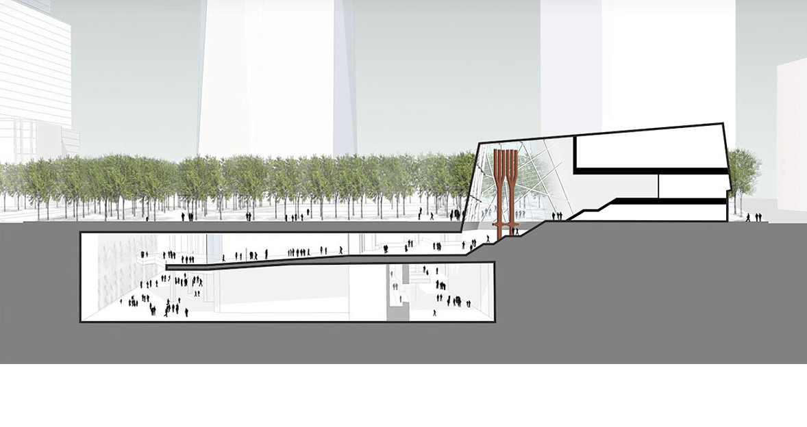 Das Museum musste im Untergrund gebaut werden, damit die Überreste des World Trade Centers, die unter Denkmalschutz stehen, der Öffentlichkeit zugänglich gemacht werden konnten. (Plan: Snøhetta)