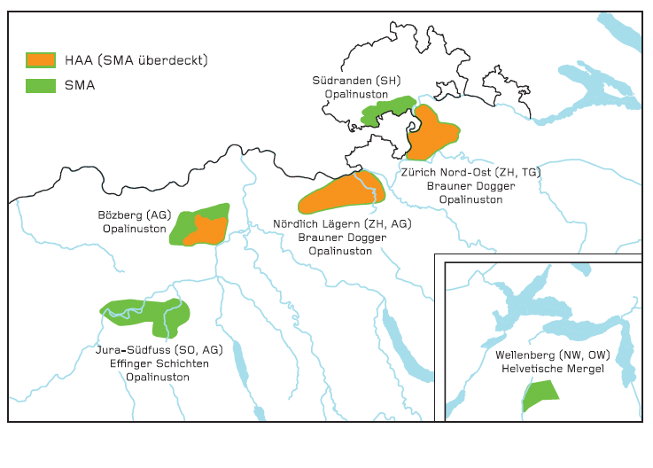 Umrisse der in Etappe 1 vorgeschlagenen Standortgebiete mit jeweiligen Wirtgesteinen (Grafik: Nagra)