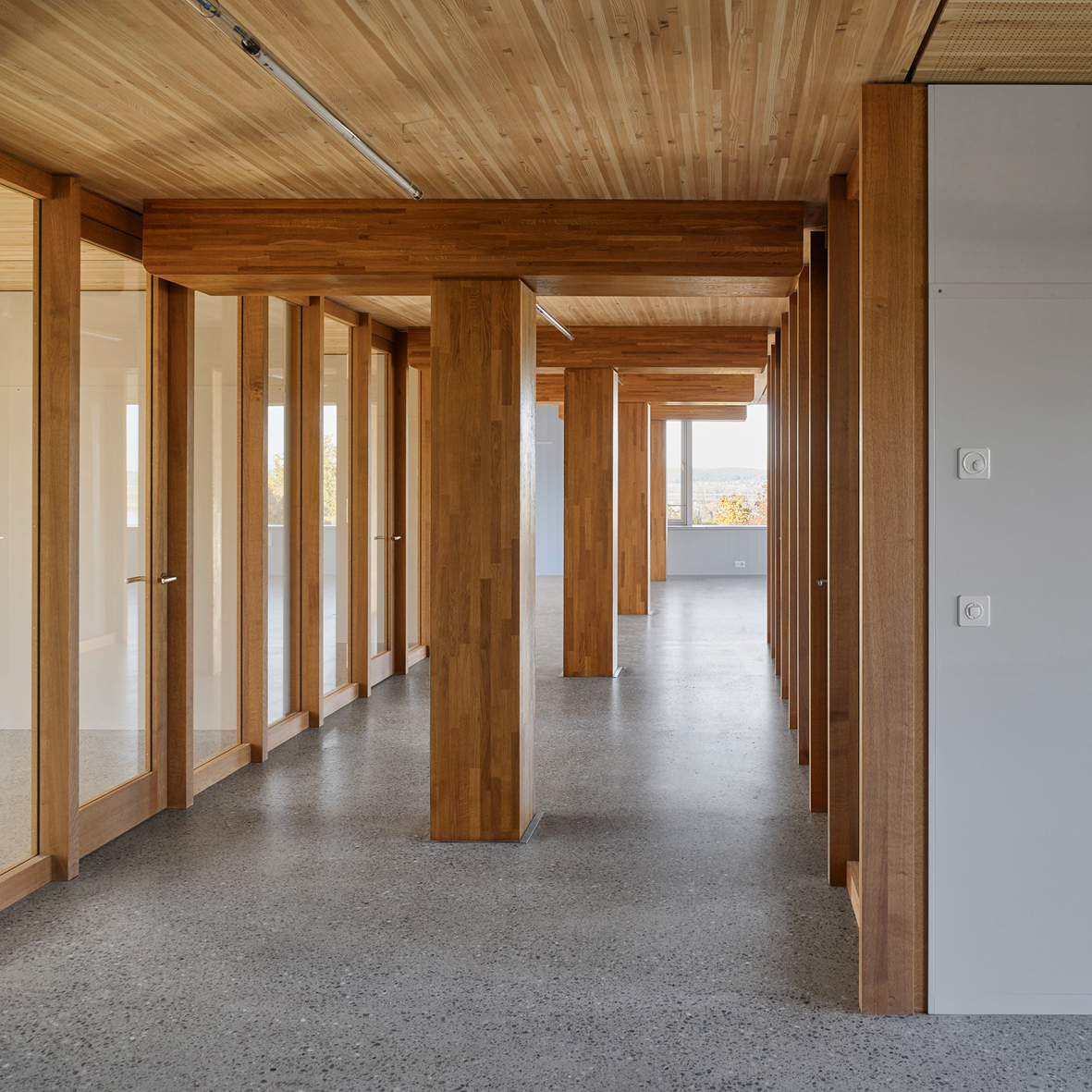 Die Raster von Trag- und Raumstruktur sind gegeneinander verschoben. Die Mittelstützen stehen auffällig im zentral angeordneten Korridor, darüber ein sperriger Sattel, auf dem die Decke liegt. Was folgewidrig scheint, hat durchaus seinen formalen Reiz und