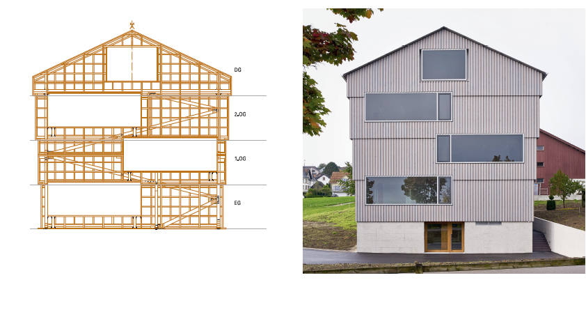 Die nördliche Giebelwand ist tragend und steift das Gebäude zusammen mit dem Kern aus. Weil die Wand grosse Fensteröffnungen aufweist, trägt das in die geschlossenen Flächen eingeschriebene Fachwerk die Lasten ab. (Plan: Conzett Bronzini?&amp;?Gartmann, Foto: