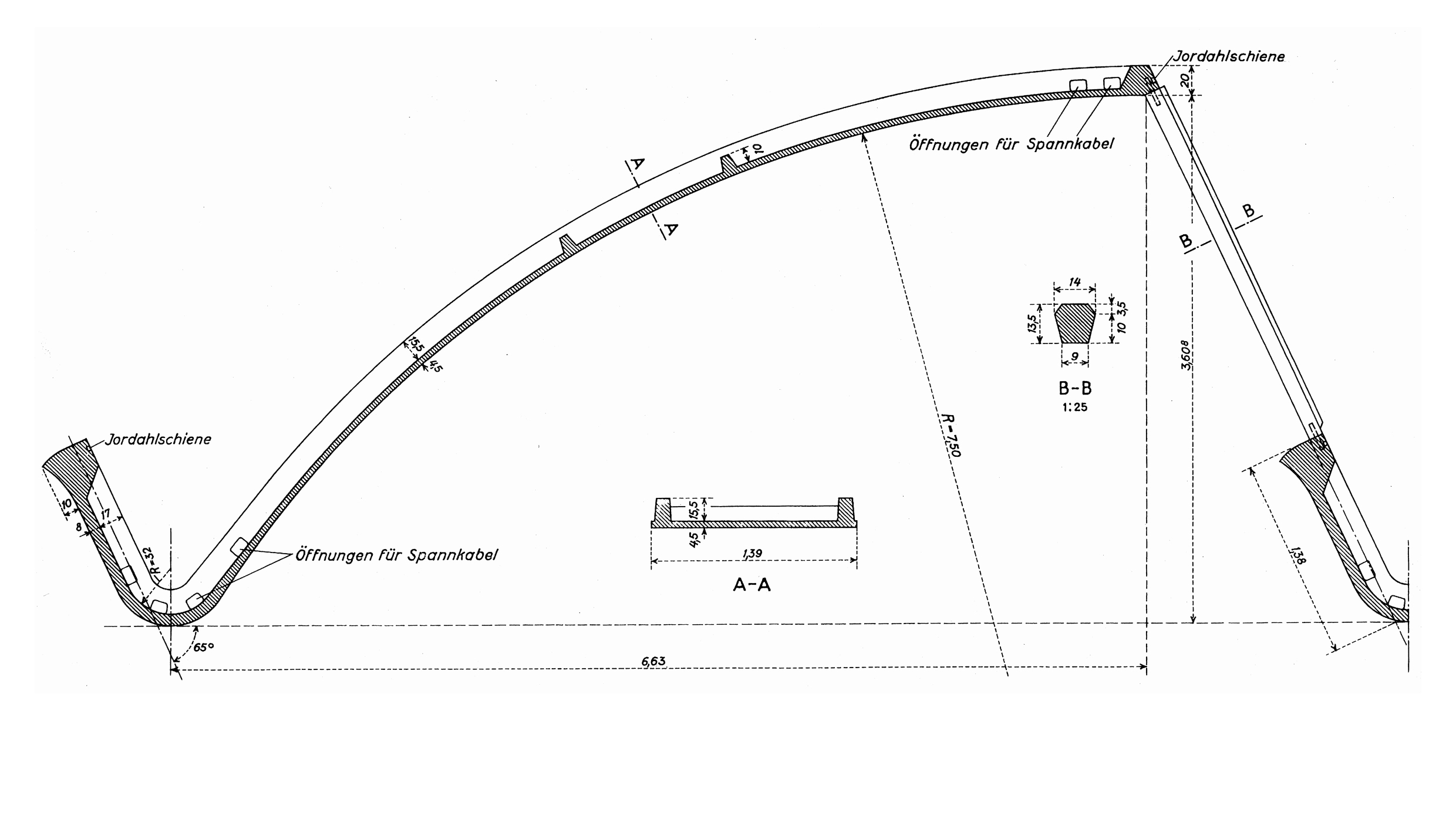 Querschnitt der vorfabrizierten Spannbetonsheds: Die Spannkabel verlaufen parabelförmig durch Öffnungen in den Rippen.