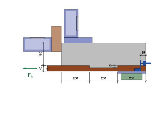 Damian Lüthi prüfte den Schubwiderstand von Taschenkerben in Holz-Beton- Verbunddecken aus Buchenholz. Die Prüfeinrichtung (ganz oben) leitet eine horizontale Kraft in das Holz ein, die wiederum in den Beton eingeleitet wird. (Grafik: Projektverfasser)