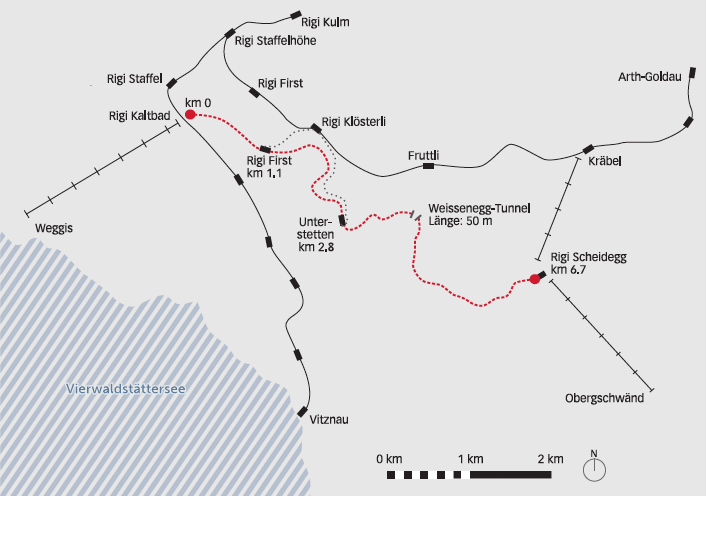 Linienführung des instand gesetzten stillgelegten Bahntrassees bzw. heutigen Wanderwegs. (Karte: Anna-Lena Walther)