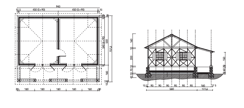 «Ti Kay»-Haus für gewerbliche Zwecke in Corail Croix des Bouquets: Grundriss und Querschnitt.