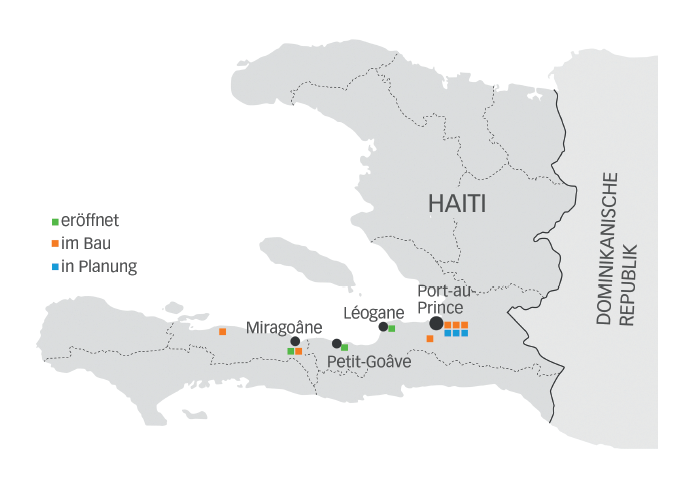 Übersichtsplan der zertifizierten Schulbauten. Bis 2017 wird die DEZA zwölf Schulanlagen übergeben haben.