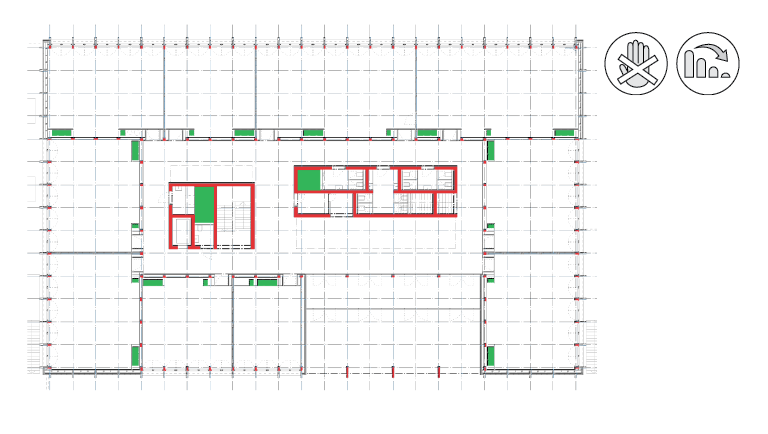Erweiterungstrakt am Gymnasium Strandboden, Biel: Der Grundraster 2 × 2 m gilt für Gestaltung und Tragwerk (Grundriss: Stützen rot gekennzeichnet).