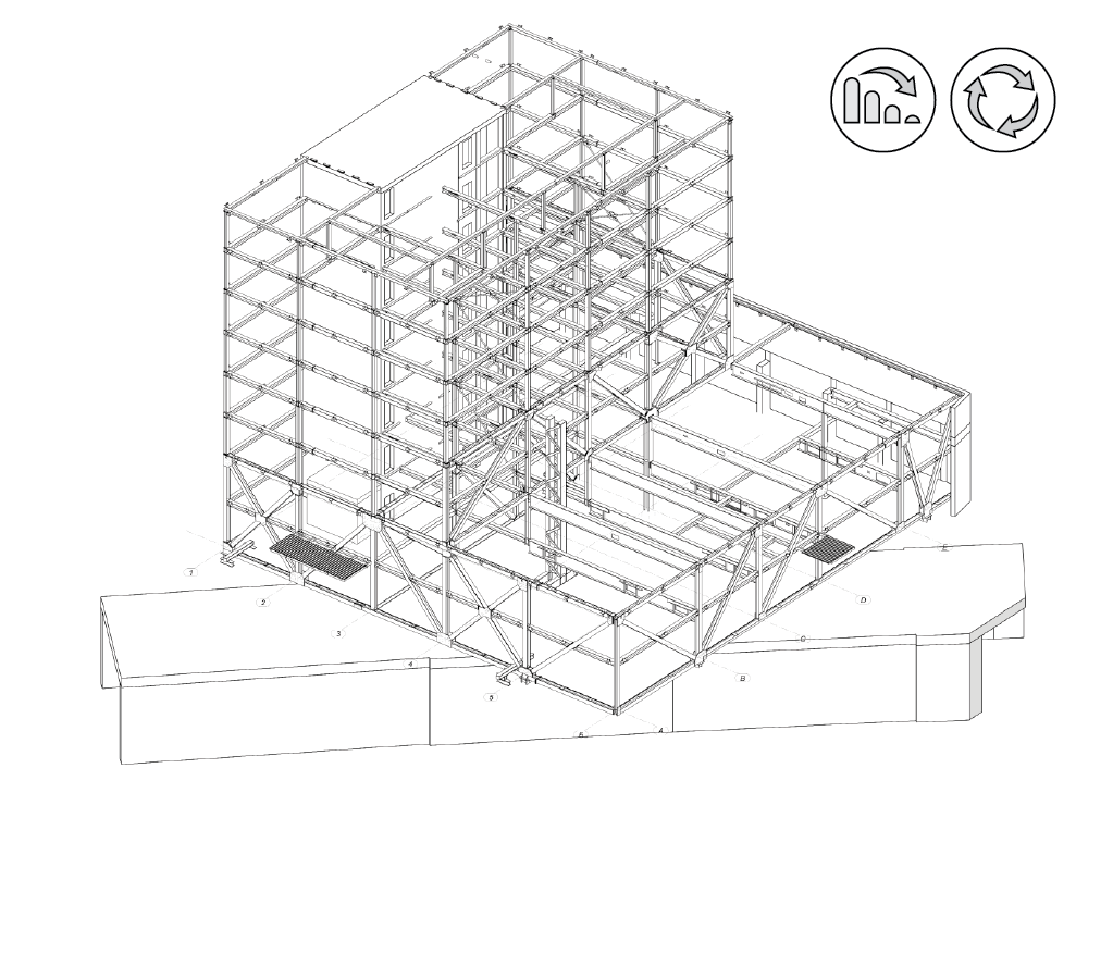 Wohn- und Gewerbehaus Lindenplatz, Biel: Die Stahlkonstruktion dient der statischen Überbrückung eines unterirdischen Tunneltrassees.