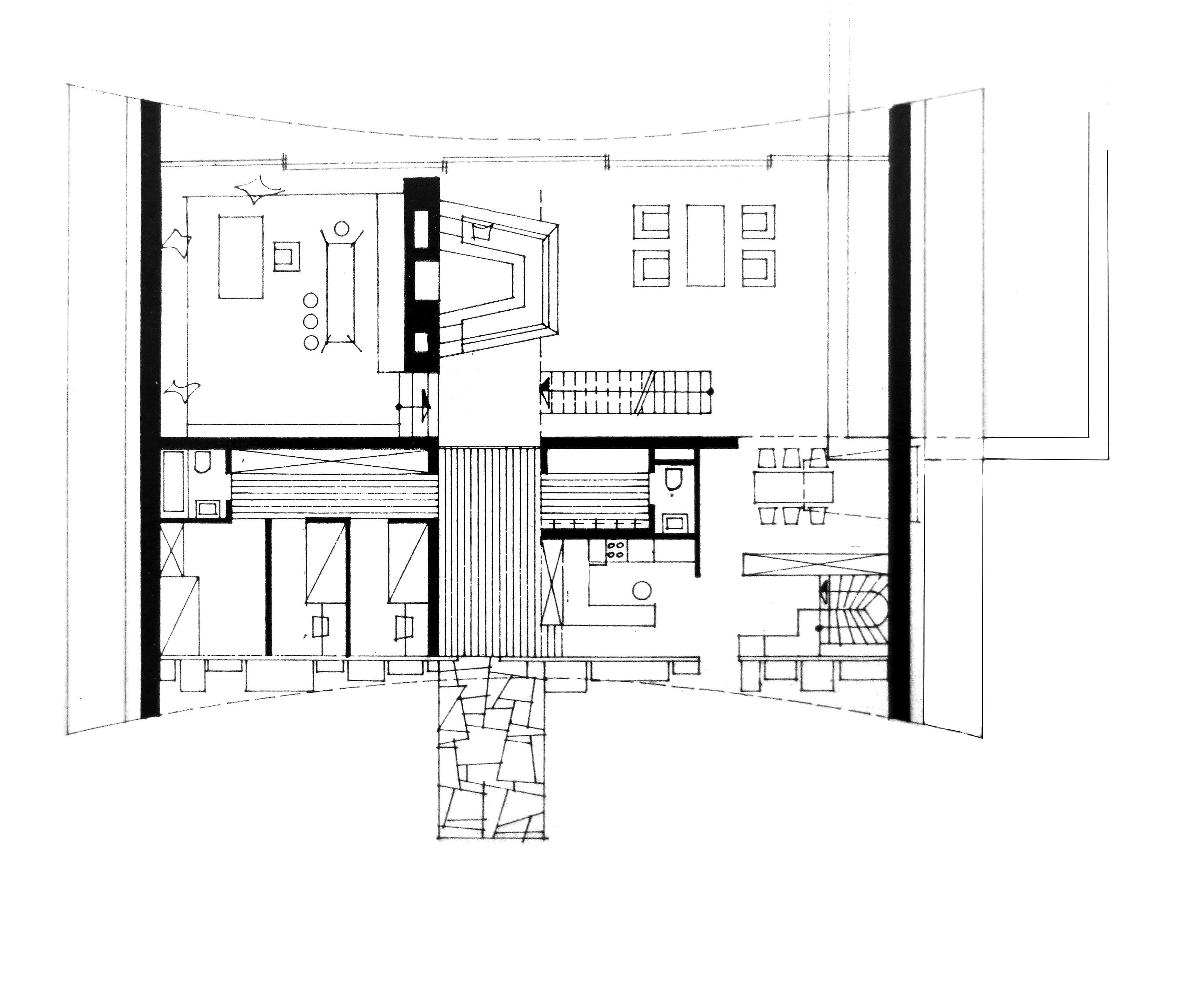 Haus X1 in Köln: Im Erdgeschoss befindet sich ein Kamin mit einer Sitzgruppe. Auf der gegenüberliegenden Seite ragt ein Aussenpool in den Wohnraum hinein.