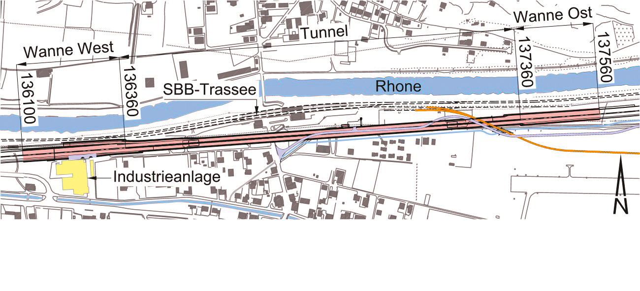 Situation (ohne Massstab): Die künftige Autobahn führt in Raron unter dem Ortsteil Turtig durch einen Tagbautunnel, den «Gedeckten Einschnitt Raron».