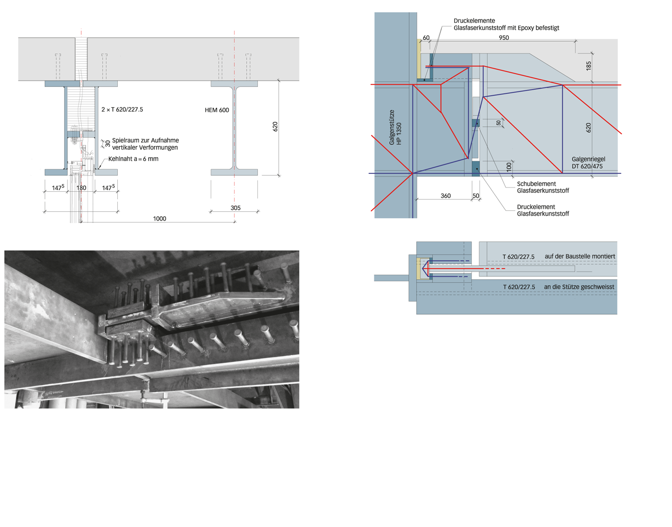 Der Stahlbau ist im Fassadenbereich thermisch getrennt: Die Schnittkräfte im Galgenriegel werden in drei Druck­komponenten (blau) zerlegt, die von den isolierenden druckfesten GFK-Klötzen vom warmen (hell) in den kalten Bereich (dunkel) übertragen werden.