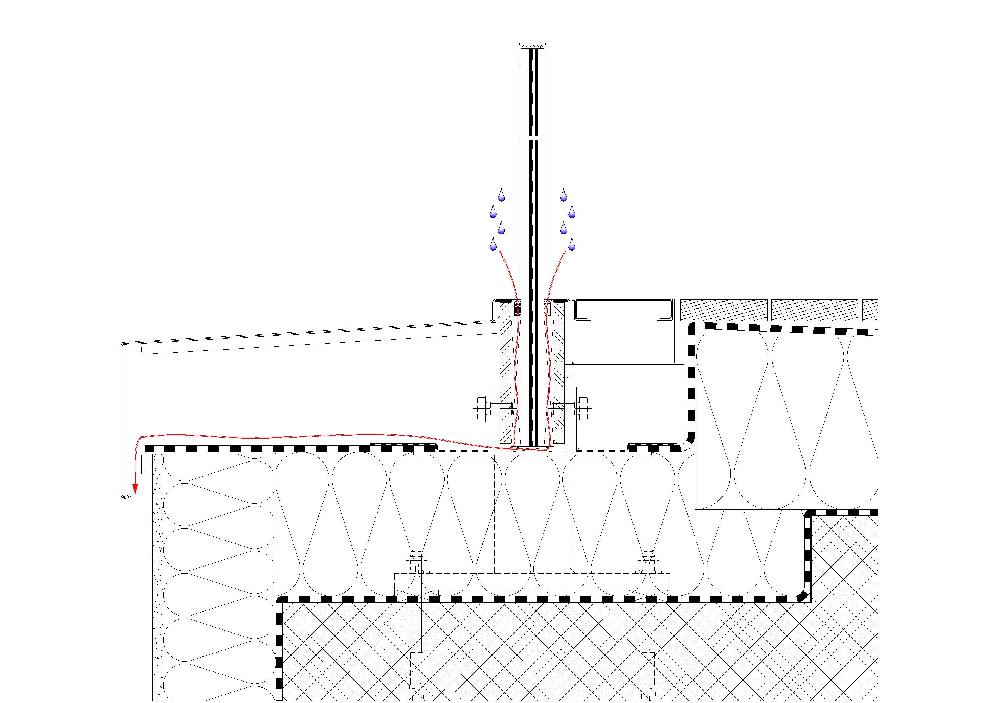 Aufgesetzte Montage mittels abgeschotteter Konsolen, die oben einen Klebeflansch aufweist. Über dem Klebeflansch wird die eigentliche Geländerkonstruktion aufgenommen. Hier ist nur ein Unternehmer für die Abdichtung zuständig.